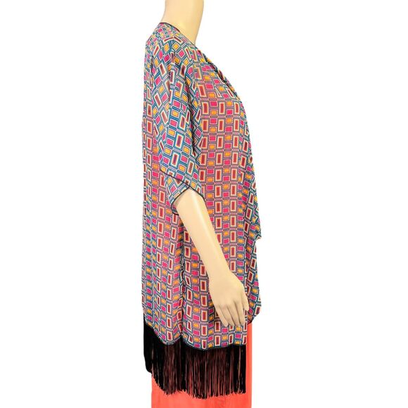 LulaRoe Womens Kimono Shawl Shrug Wrap Sheer Geo Print Fringe Trimmed Small - Picture 3 of 7